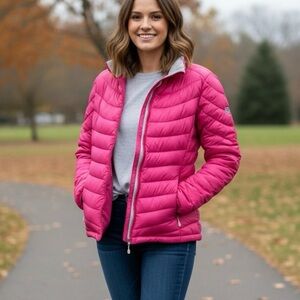 Lands' End‎ Women’s Vibrant Pink Puffer Jacket Coat Size M 10 12 Down Feathers
